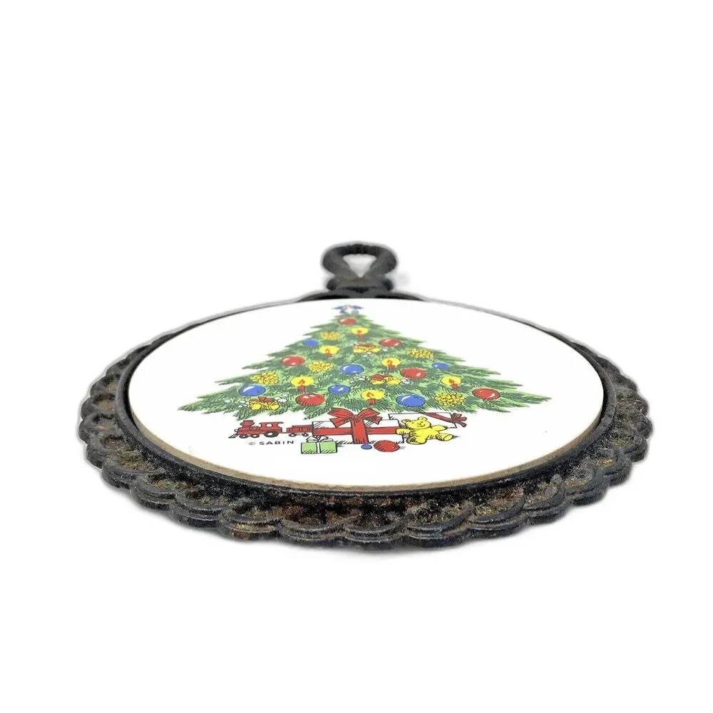 Vintage Cast Iron Trivet 1984 Christmas Tree Ceramic Tile Carlton Mid State USA